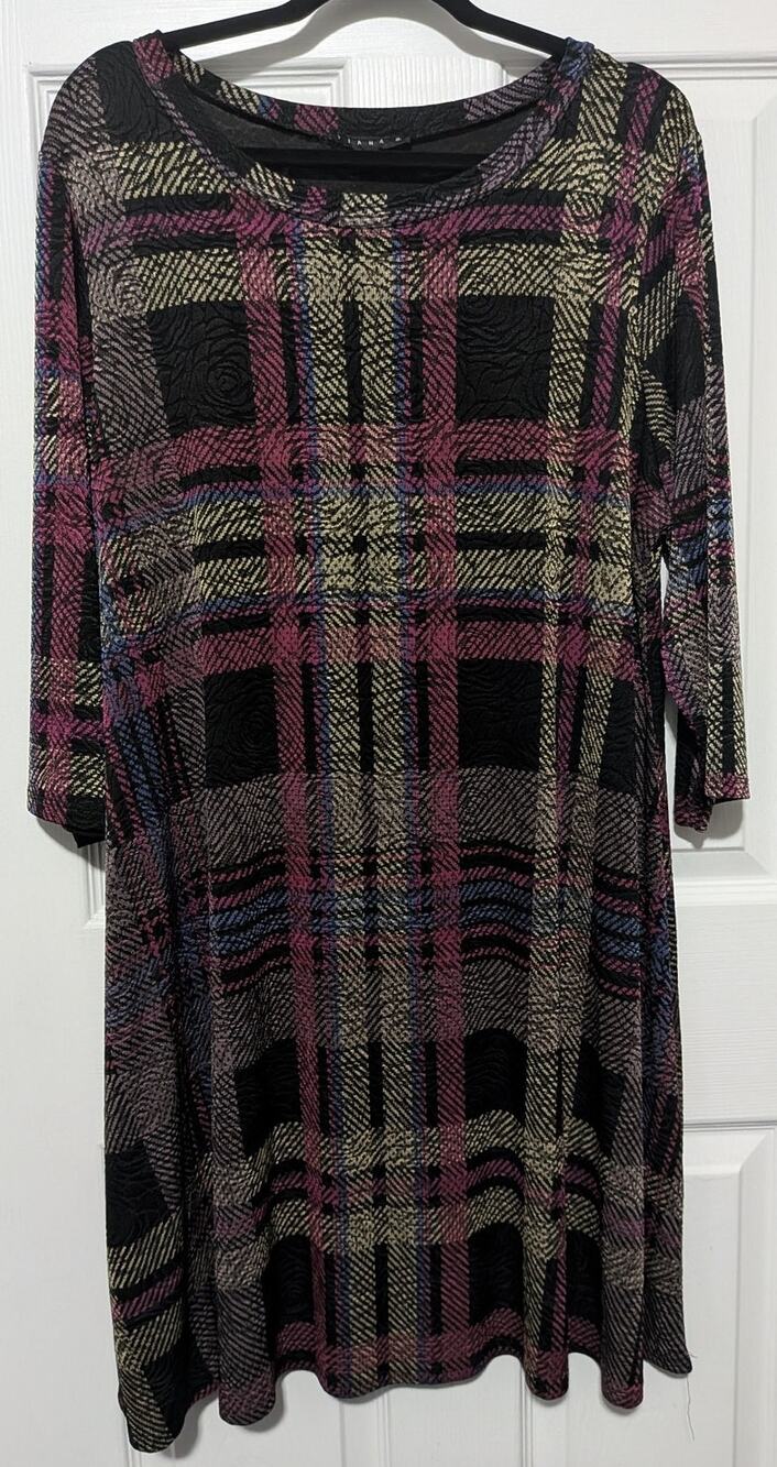Tiana B. Plus Size 18W Plaid Knit Shift Dress 3/4 Sleeve Black Purple Gold EUC